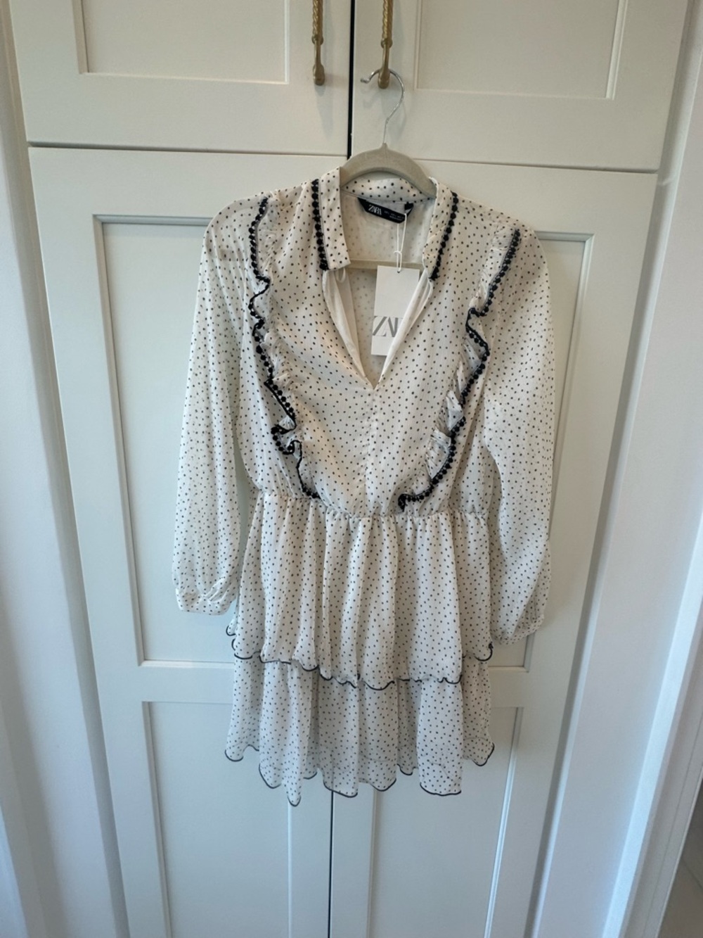 Zara Cream Mini Dress with Black Polka Dots and Ruffle Detail